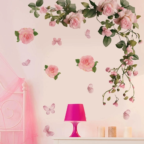 Rosa Rosenreben Schmetterling Wandaufkleber Abnehmbare PVC Blumen Wandtattoos Für Wohnzimmer Schlafzimmer Badezimmer Haus Deko