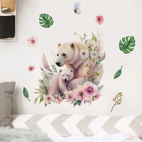 Pegatina de Pared de Oso Polar en Acuarela Mural de PVC Removible con Flores Hojas y Mariposa para Decoración Infantil