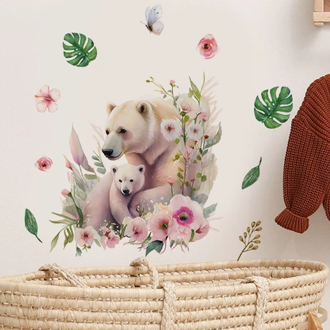 Pegatina de Pared de Oso Polar en Acuarela Mural de PVC Removible con Flores Hojas y Mariposa para Decoración Infantil