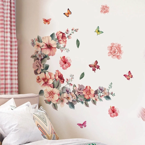 Sikkelvormige Roze Bloem Vlinder Muurstickers Verwijderbaar PVC Bloemen Decals Voor Slaapkamer Woonkamer Badkamer Huis Decoratie