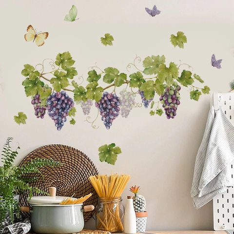 Watercolor Grape Vine Butterfly Wall Stickers Removable PVC Self Adhesive Mural For Kitchen Bedroom Study Home Decor