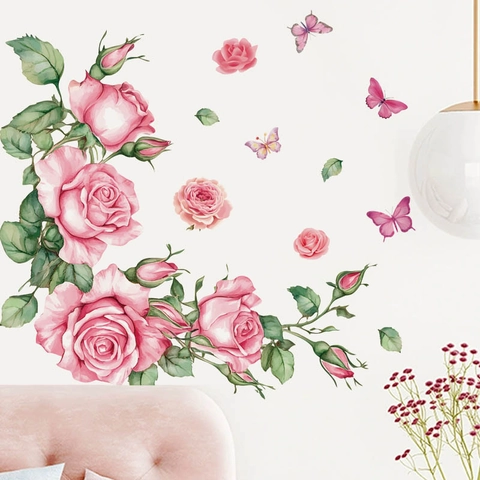 Pink Rose Vine Wall Sticker With Butterflies Waterproof PVC Floral Mural Decal For Bedroom Bathroom Home Decor