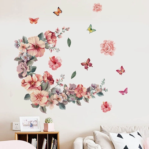 Sikkelvormige Roze Bloem Vlinder Muurstickers Verwijderbaar PVC Bloemen Decals Voor Slaapkamer Woonkamer Badkamer Huis Decoratie