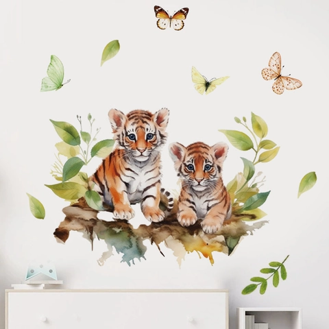 Pegatinas de Pared de Tigre en Acuarela PVC Removible Animal Mariposa Hoja Autoadhesivo Guardería Sala de Estar Decoración de Pared Mural