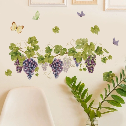 Watercolor Grape Vine Butterfly Wall Stickers Removable PVC Self Adhesive Mural For Kitchen Bedroom Study Home Decor