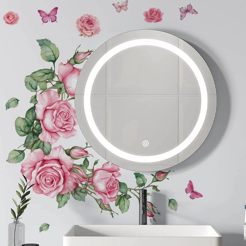 Pink Rose Vine Wall Sticker With Butterflies Waterproof PVC Floral Mural Decal For Bedroom Bathroom Home Decor