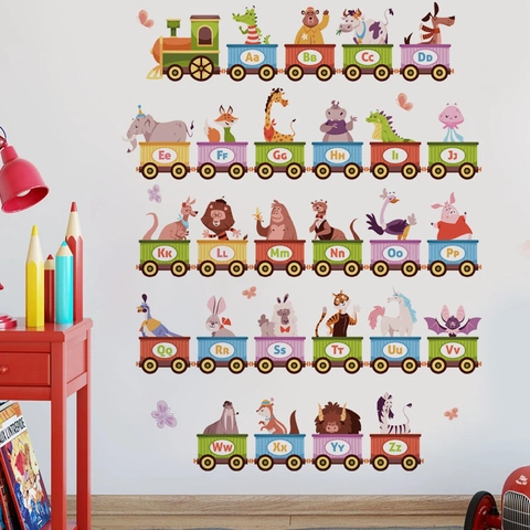 Cartoon Animal Alphabet Train Wall Stickers PVC Removable Education Letter Decals For Kids Bedroom Nursery Decor