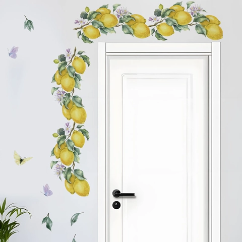 Watercolor Lemon Branch Butterfly Wall Stickers Removable PVC Self Adhesive Botanical Floral Corner Decor For Living Room