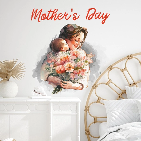 Mother's Day Watercolor Mother And Baby Wall Sticker Removable PVC Floral Mural For Living Room Bedroom Home Decor