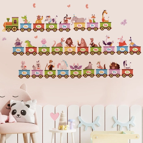 Cartoon Animal Alphabet Train Wall Stickers PVC Removable Education Letter Decals For Kids Bedroom Nursery Decor