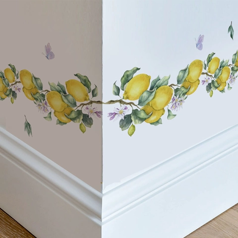 Watercolor Lemon Branch Butterfly Wall Stickers Removable PVC Self Adhesive Botanical Floral Corner Decor For Living Room