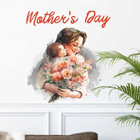 Mother's Day Watercolor Mother And Baby Wall Sticker Removable PVC Floral Mural For Living Room Bedroom Home Decor