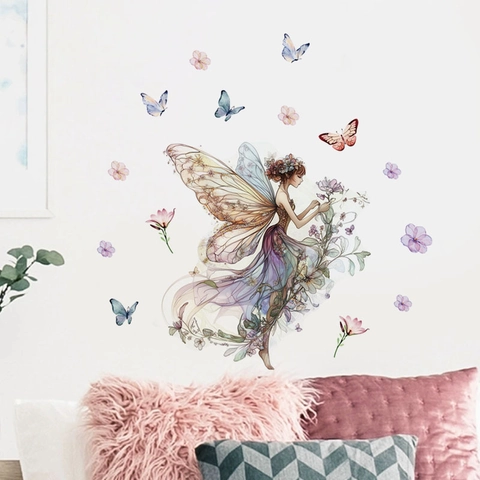 Pegatina de Pared Hada de las Flores Mariposa Acuarela PVC Autoadesivo Extraíble Para Decoración Dormitorio Niñas y Sala