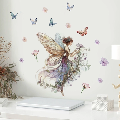 Pegatina de Pared Hada de las Flores Mariposa Acuarela PVC Autoadesivo Extraíble Para Decoración Dormitorio Niñas y Sala