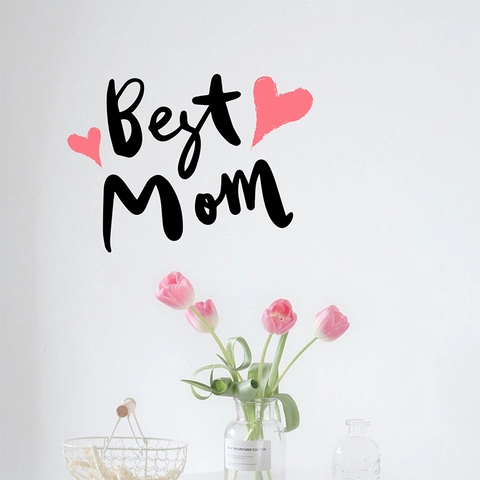 Best Mom Mother's Day Wall Sticker PVC Removable Decal Heart Pattern Black Pink Lettering For Living Room Home Decoration