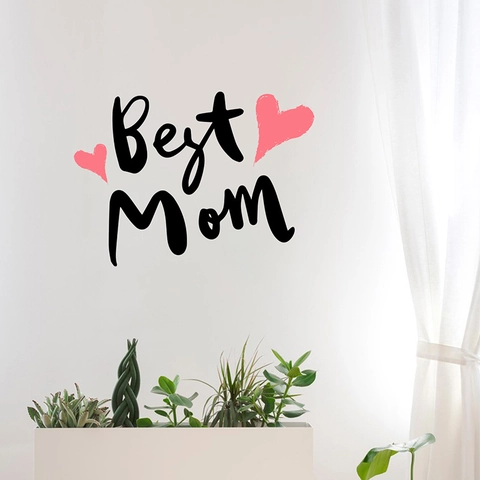 Best Mom Mother's Day Wall Sticker PVC Removable Decal Heart Pattern Black Pink Lettering For Living Room Home Decoration