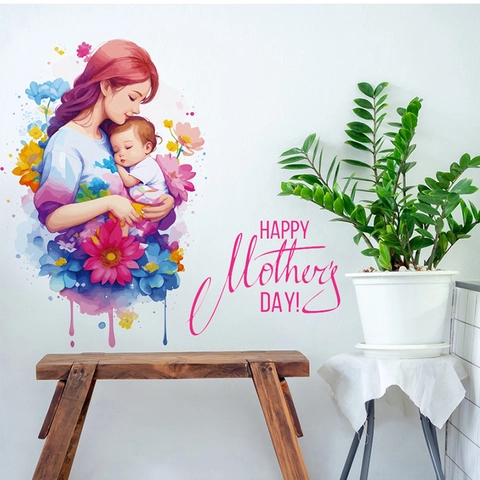 Mother's Day Watercolor Flower Mother And Baby Wall Sticker Removable PVC Decorative Mural For Living Room Bedroom Decor