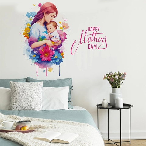 Mother's Day Watercolor Flower Mother And Baby Wall Sticker Removable PVC Decorative Mural For Living Room Bedroom Decor