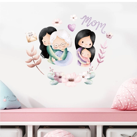 Aquarell Muttertag Wandtattoo Großmutter Mutter Tochter Abnehmbar PVC Blumen Herz Wandbild Haus Wand Deko