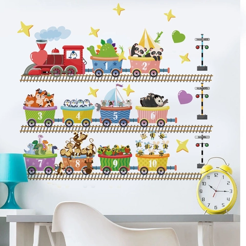 Cartoon Animal Train Number 1-10 Educational Wall Stickers For Kids Room Bedroom PVC Removable Decorative Wall Decals