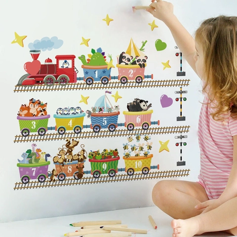 Cartoon Animal Train Number 1-10 Educational Wall Stickers For Kids Room Bedroom PVC Removable Decorative Wall Decals