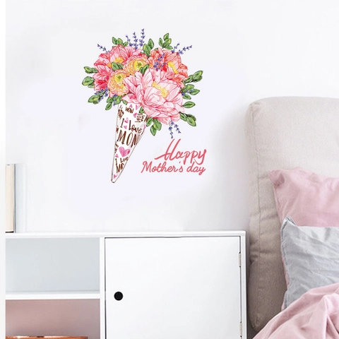 Sticker Mural Fleurs Fête des Mères PVC Auto-adhésif Amovible Bouquet de Pivoines Décalcomanie Murale pour Salon Décoration Maison