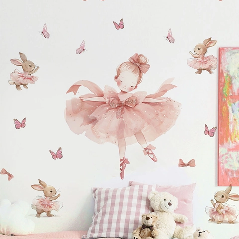 Ballet Girl Rabbit Butterfly Wall Stickers Pink Watercolor PVC Removable Self Adhesive Wall Decals Girls Bedroom Decor