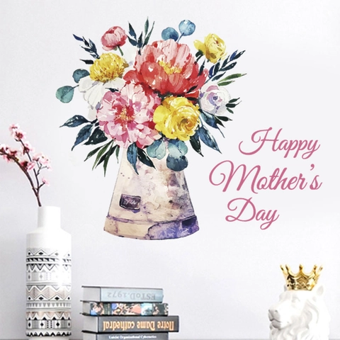 Vinilo Pared Flores Acuarela Happy Mother's Day Autoadhesivo PVC Calcomanía Removible Decoración Hogar Salón Dormitorio Mural