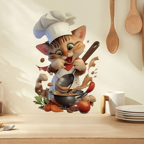 Chef Cat Cartoon Kitchen Wall Sticker Waterproof Oilproof PVC Removable Wallpaper For Dining Room Home Decor Decal