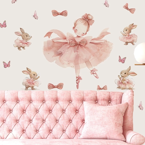 Ballet Girl Rabbit Butterfly Wall Stickers Pink Watercolor PVC Removable Self Adhesive Wall Decals Girls Bedroom Decor