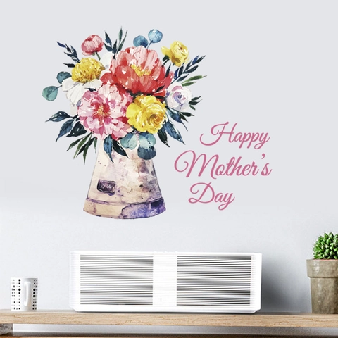 Vinilo Pared Flores Acuarela Happy Mother's Day Autoadhesivo PVC Calcomanía Removible Decoración Hogar Salón Dormitorio Mural