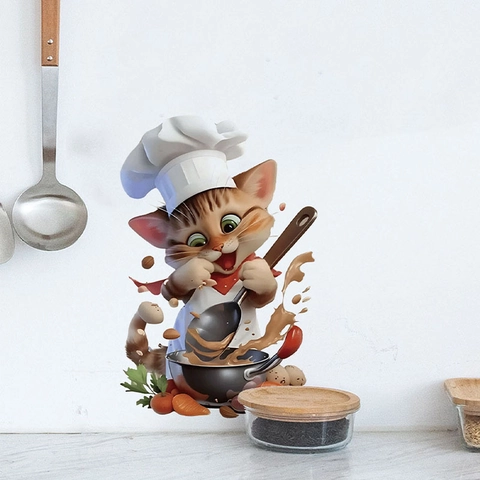 Chef Cat Cartoon Kitchen Wall Sticker Waterproof Oilproof PVC Removable Wallpaper For Dining Room Home Decor Decal