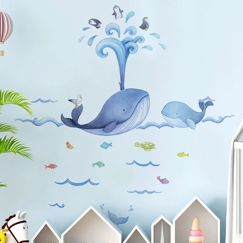 Cartoon Blue Whale Ocean Life Wall Sticker Removable PVC Watercolor Animals Wall Decal For Kids Room Nursery Bedroom Decor