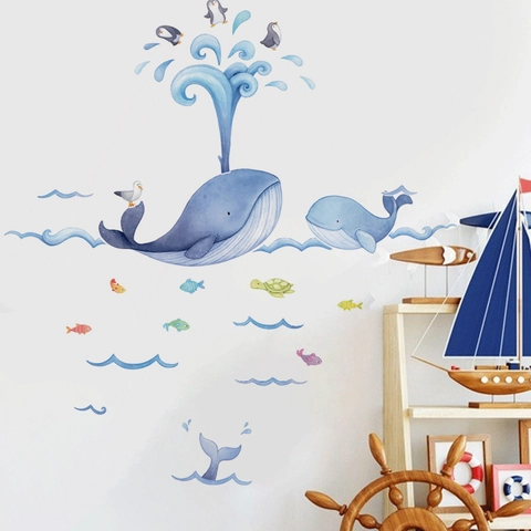 Cartoon Blue Whale Ocean Life Wall Sticker Removable PVC Watercolor Animals Wall Decal For Kids Room Nursery Bedroom Decor