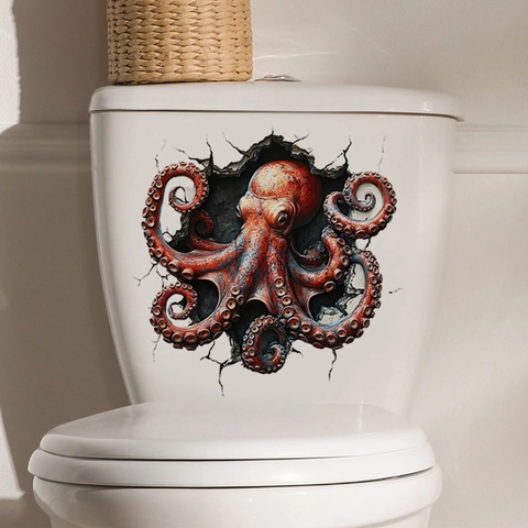 Pegatina de Inodoro de Pulpo 3D Pared Rota Impermeable Removible PVC Pegatina de Pared para Baño Decoración del Hogar Mural de Arte Creativo