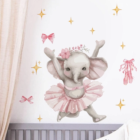 Adesivo da Parete con Elefante Ballerina e Fiocco Rosa in PVC Impermeabile Autoadesivo per Decorazione Cameretta Bimbi