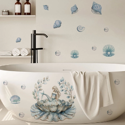Pegatina de Pared de Sirena Azul Concha Perla Artificial Impermeable PVC Calcomanía de Baño Autoadhesiva Tema Marino Acuarela
