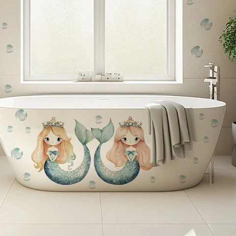 Aquarell Meerjungfrau Blase Badezimmer Wandsticker Abnehmbare PVC Selbstklebende Badewanne Dekoration Für Kinderzimmer