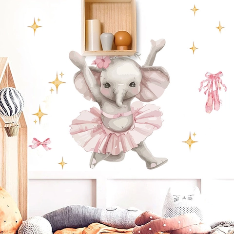 Adesivo da Parete con Elefante Ballerina e Fiocco Rosa in PVC Impermeabile Autoadesivo per Decorazione Cameretta Bimbi
