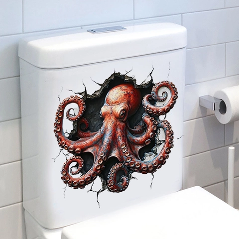 Pegatina de Inodoro de Pulpo 3D Pared Rota Impermeable Removible PVC Pegatina de Pared para Baño Decoración del Hogar Mural de Arte Creativo