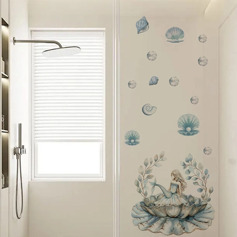 Pegatina de Pared de Sirena Azul Concha Perla Artificial Impermeable PVC Calcomanía de Baño Autoadhesiva Tema Marino Acuarela