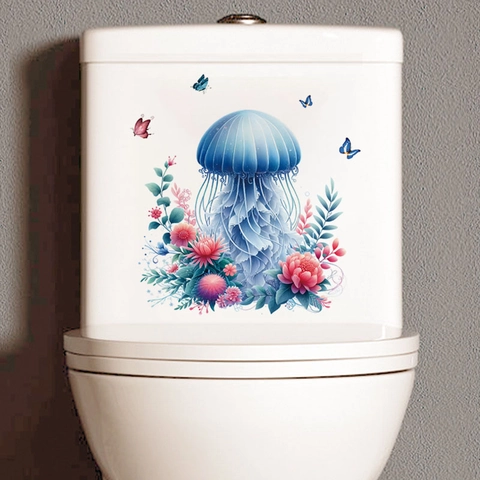 Blue Jellyfish Flower Butterfly Toilet Sticker Waterproof PVC Removable Bathroom Water Tank Lid Decor Art Wall Decal