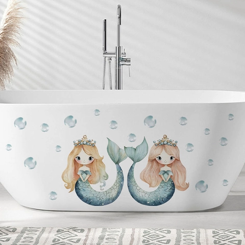 Aquarell Meerjungfrau Blase Badezimmer Wandsticker Abnehmbare PVC Selbstklebende Badewanne Dekoration Für Kinderzimmer