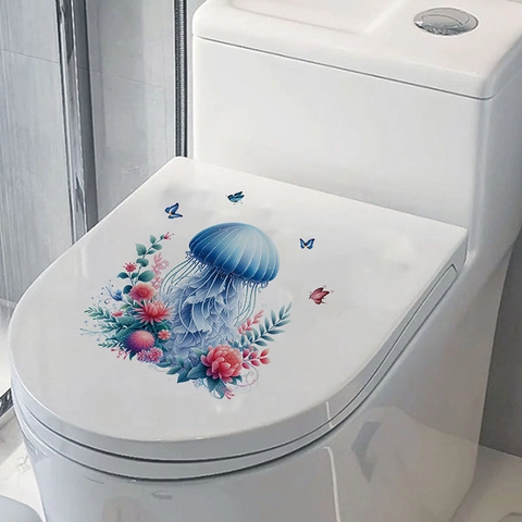 Blue Jellyfish Flower Butterfly Toilet Sticker Waterproof PVC Removable Bathroom Water Tank Lid Decor Art Wall Decal