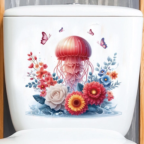 Adesivo per Gabinetto con Medusa Rossa Fiori e Farfalle Impermeabile PVC Autoadesivo Rimovibile per Bagno Decorazione