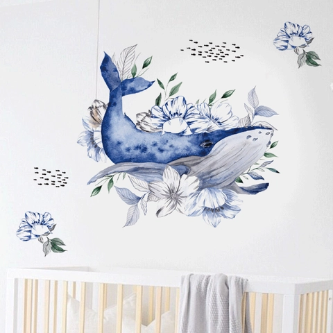 Aquarell Blauwal Blume Wandtattoo Abnehmbare PVC Meerestier Aufkleber Für Kinderzimmer Schlafzimmer Haus Dekor Kunst Wandbild