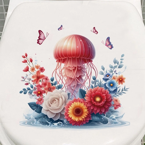 Adesivo per Gabinetto con Medusa Rossa Fiori e Farfalle Impermeabile PVC Autoadesivo Rimovibile per Bagno Decorazione