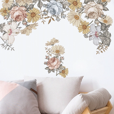 Adesivi Murali Floreali Gialli Retrò Viti di Fiori Dipinti a Mano Decalcomanie in PVC Rimovibili per Soggiorno Camera da Letto