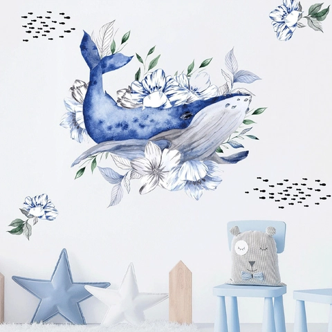 Aquarell Blauwal Blume Wandtattoo Abnehmbare PVC Meerestier Aufkleber Für Kinderzimmer Schlafzimmer Haus Dekor Kunst Wandbild