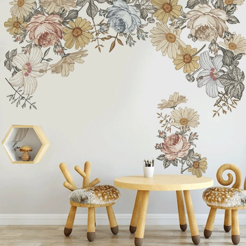 Adesivi Murali Floreali Gialli Retrò Viti di Fiori Dipinti a Mano Decalcomanie in PVC Rimovibili per Soggiorno Camera da Letto